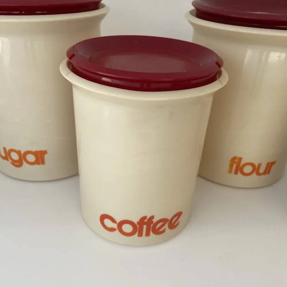 Vtg 4 Sterilite Cannisters Burnt Orange with lids Sugar Coffee Tea Flour set